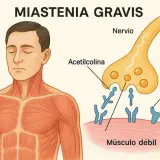 Ilustración de miastenia gravis: un hombre con músculos marcados y una sinapsis nerviosa donde la acetilcolina no puede unirse a receptores bloqueados, causando músculo débil.