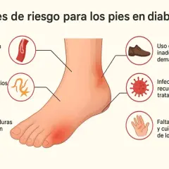 Factores de riesgo para pies diabéticos: mala circulación, neuropatía, heridas, calzado inadecuado, infecciones y falta de higiene.