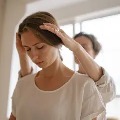 Una persona ayuda a otra a aliviar la tensión en el cuello, sugiriendo un posible alivio para la distonía cervical.