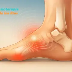 Ilustración de un pie con dolor en la fascia plantar, indicado por zonas rojas y círculos concéntricos.