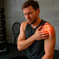 Hombre con dolor deltoides, sujetando su hombro con expresión de sufrimiento. En el gimnasio, con pesas y raqueta de fondo.