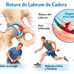 Ilustración de una rotura del labrum de cadera, mostrando dolor al girar y flexionar.