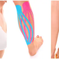 Aplicación de vendas kinesiologicas en hombro y pierna para soporte y recuperación muscular.