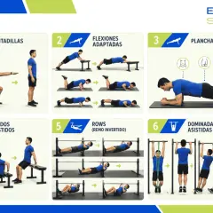 Rutina de calistenia que es: sentadillas, flexiones adaptadas, plancha, fondos asistidos, remo invertido y dominadas asistidas.