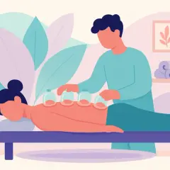 Terapeuta aplica ventosas en la espalda de una persona. Un masaje con ventosas para aliviar la tensión.