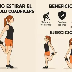 Ilustración muestra cómo estirar los músculos cuádriceps. Incluye beneficios como mejorar flexibilidad y prevenir lesiones.