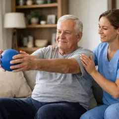 Terapeuta ayuda a un hombre mayor con fisioterapia domiciliaria, usando una pelota azul para ejercicios de brazos.