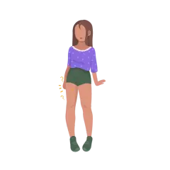 Mujer con shorts verdes y blusa morada, con signos de interrogación amarillos en el muslo derecho, sugiriendo meralgia parestésica.