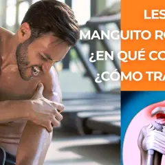 Hombre con dolor de hombro, indicando una lesión del manguito rotador. Ilustración anatómica del hombro.
