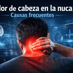 Hombre con mano en la nuca, sintiendo dolor. Pantallas médicas muestran un cráneo y un electrocardiograma.