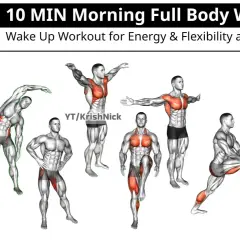 Ilustraciones de hombres realizando ejercicios de calentamiento general para un entrenamiento matutino.