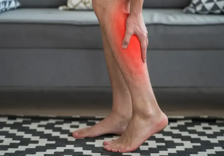 Hombre sujetando su gemelo con dolor, zona enrojecida. ¿Por qué se sube el gemelo?