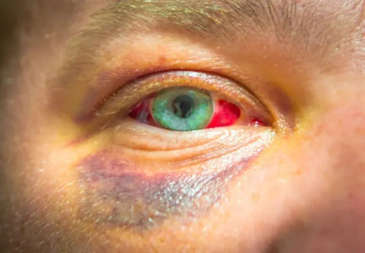 Ojo morado por golpe, con la esclerótica enrojecida. Buscando un remedio casero para aliviar la inflamación y el dolor.