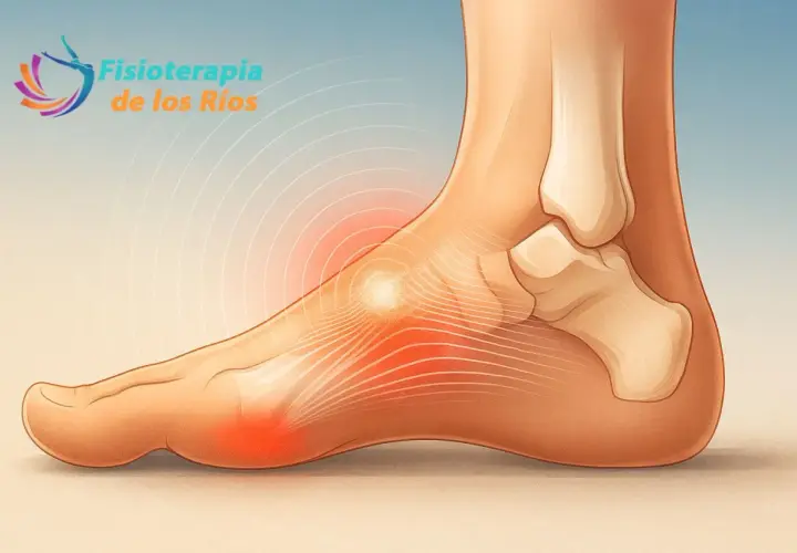 Ilustración de un pie con dolor en la fascia plantar, indicado por zonas rojas y círculos concéntricos.