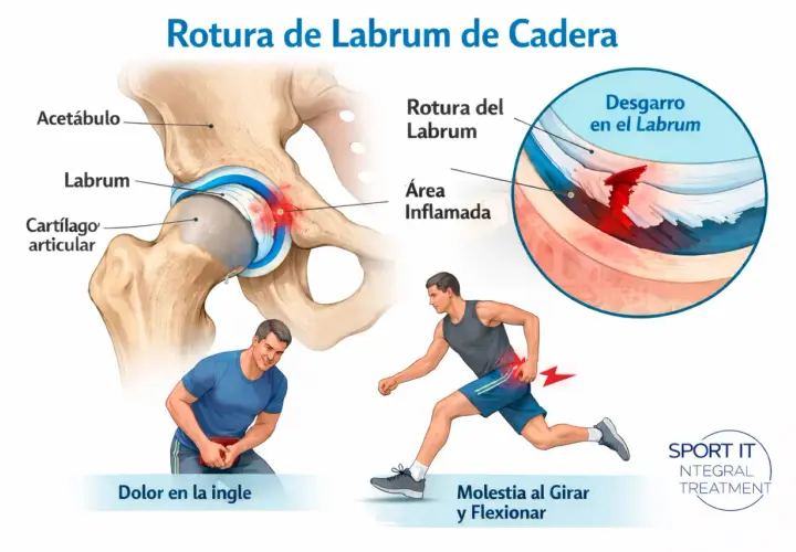 Ilustración de una rotura del labrum de cadera, mostrando dolor al girar y flexionar.