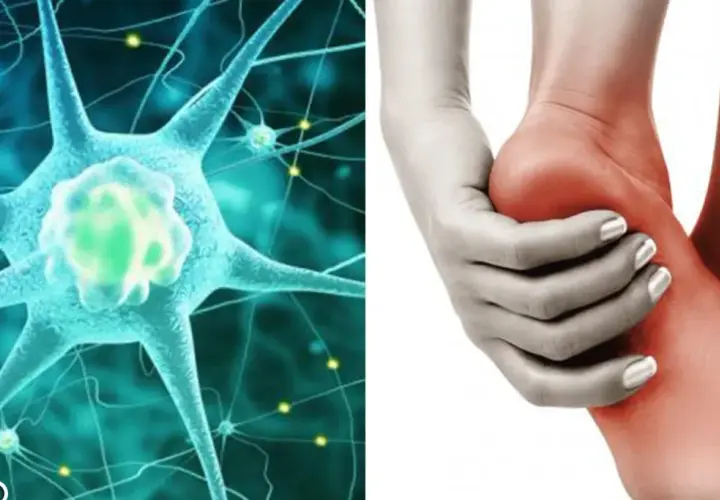 Ilustración de neuronas y un pie con dolor, representando la neuropatía periférica.