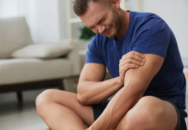 Hombre con expresión de dolor, sujetando su brazo. Sufre de dolores musculares tras un esfuerzo.