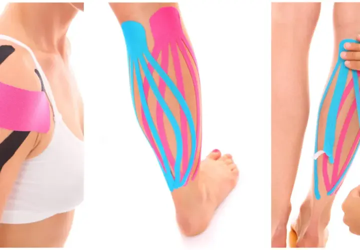 Aplicación de vendas kinesiologicas en hombro y pierna para soporte y recuperación muscular.