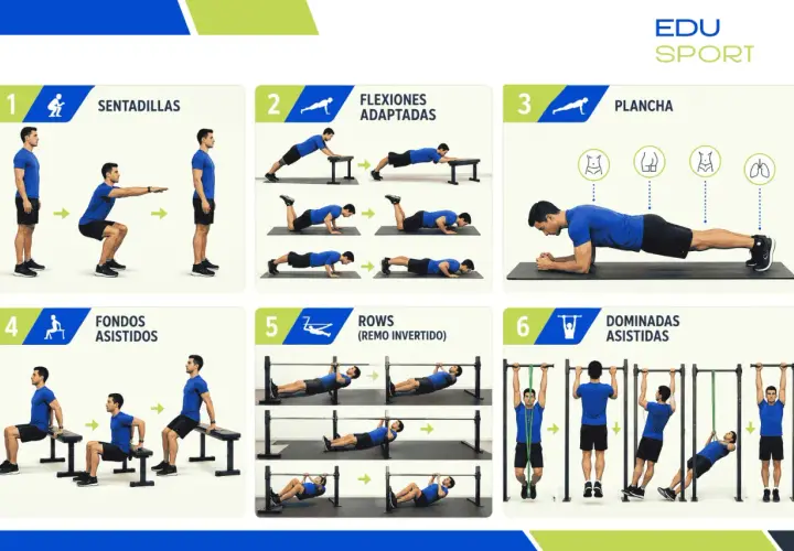 Rutina de calistenia que es: sentadillas, flexiones adaptadas, plancha, fondos asistidos, remo invertido y dominadas asistidas.