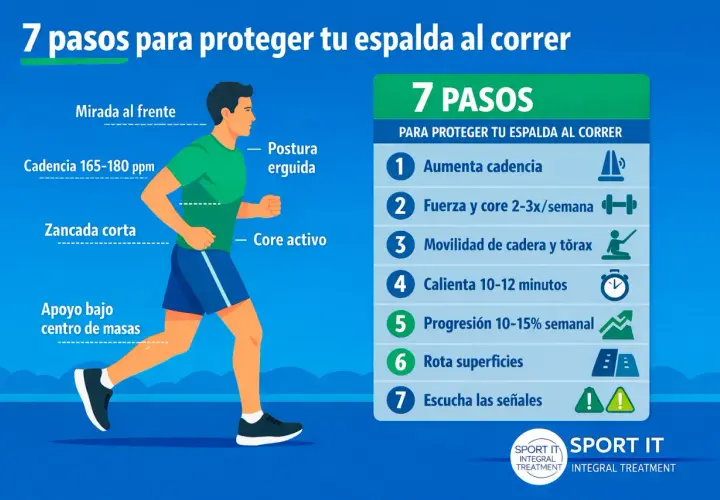 Hombre corriendo con buena postura y consejos para proteger la espalda. ¡Correr es bueno para la espalda si sigues estos 7 pasos!