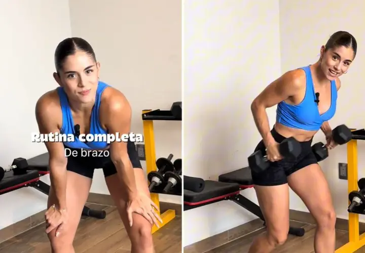 Mujer realizando ejercicios para fortalecer los brazos con mancuernas.