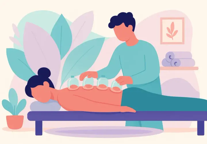 Terapeuta aplica ventosas en la espalda de una persona. Un masaje con ventosas para aliviar la tensión.