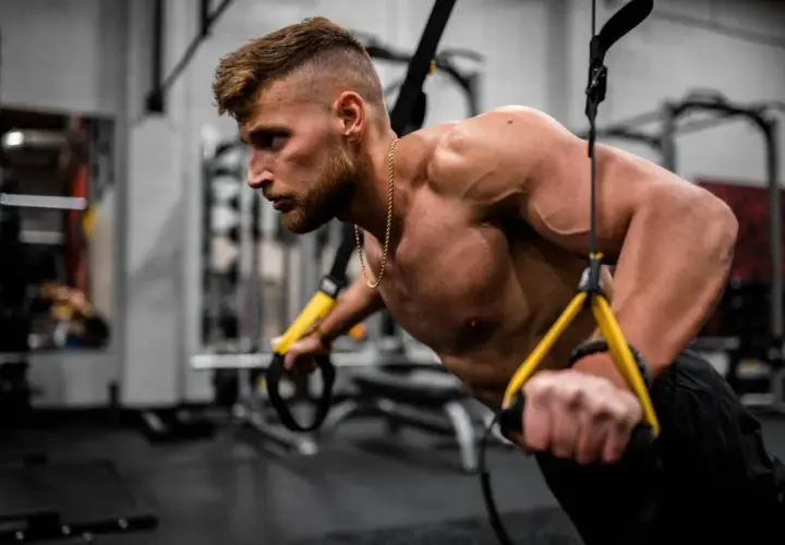 Hombre entrenando en gimnasio, enfocándose en los nombres de los músculos del cuerpo mientras realiza ejercicios de fuerza con TRX.