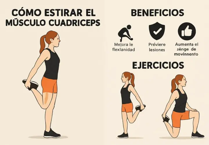 Ilustración muestra cómo estirar los músculos cuádriceps. Incluye beneficios como mejorar flexibilidad y prevenir lesiones.
