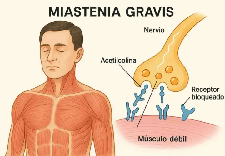 Ilustración de miastenia gravis: un hombre con músculos marcados y una sinapsis nerviosa donde la acetilcolina no puede unirse a receptores bloqueados, causando músculo débil.