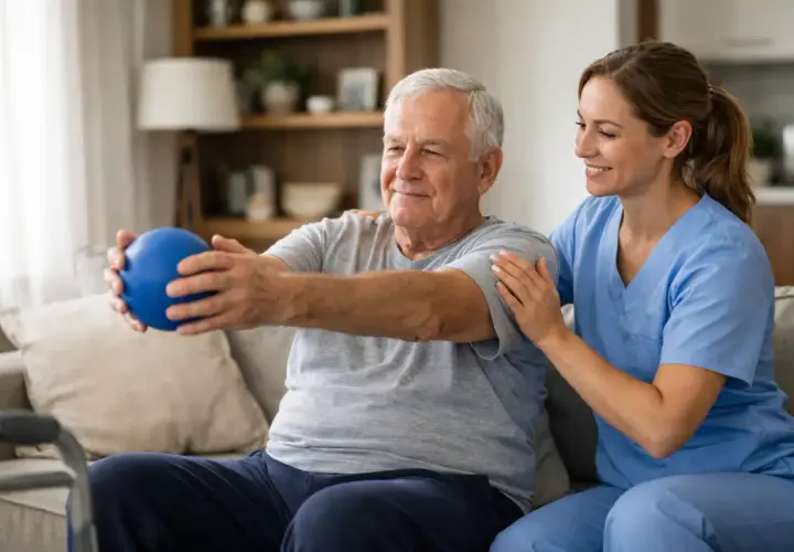 Terapeuta ayuda a un hombre mayor con fisioterapia domiciliaria, usando una pelota azul para ejercicios de brazos.