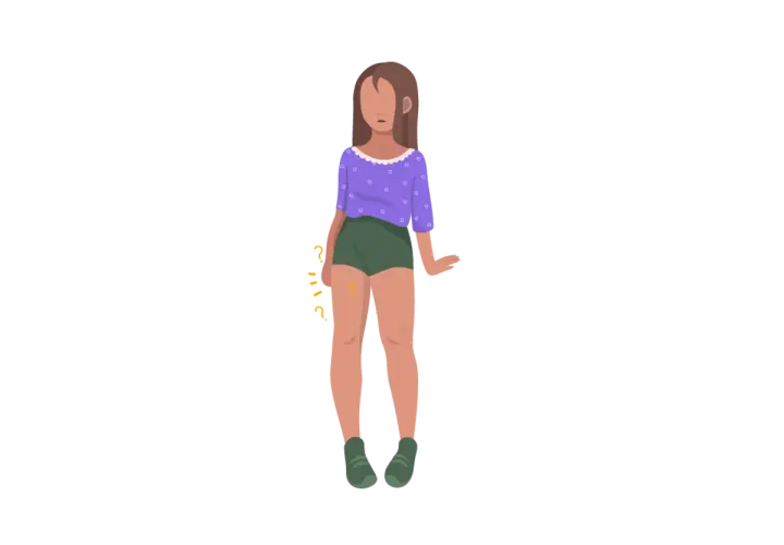 Mujer con shorts verdes y blusa morada, con signos de interrogación amarillos en el muslo derecho, sugiriendo meralgia parestésica.