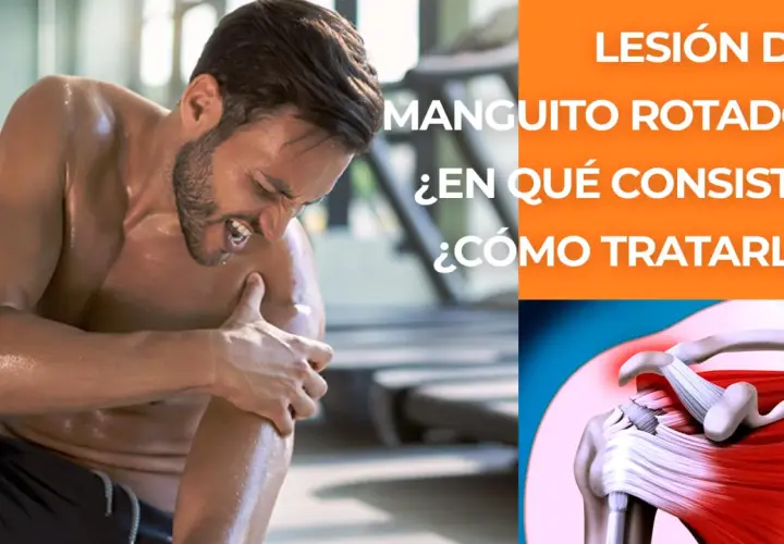 Hombre con dolor de hombro, indicando una lesión del manguito rotador. Ilustración anatómica del hombro.