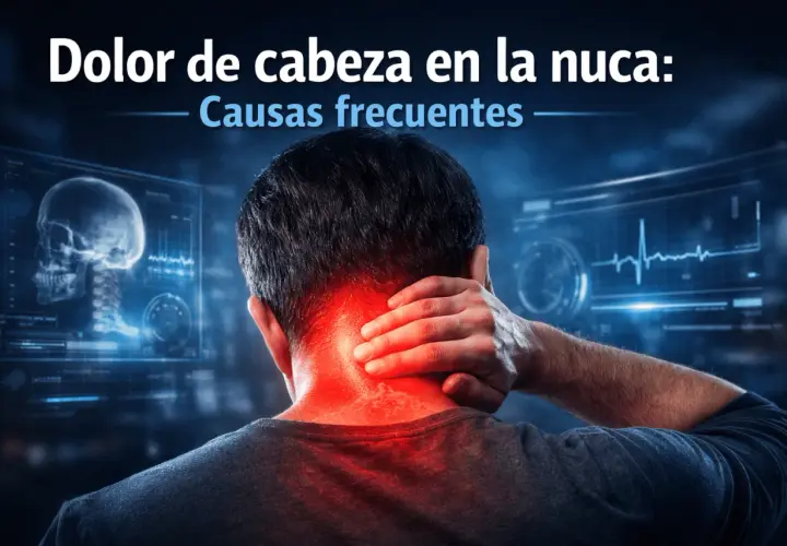 Hombre con mano en la nuca, sintiendo dolor. Pantallas médicas muestran un cráneo y un electrocardiograma.