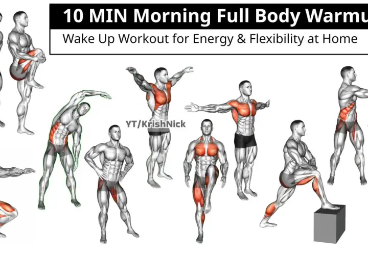 Ilustraciones de hombres realizando ejercicios de calentamiento general para un entrenamiento matutino.