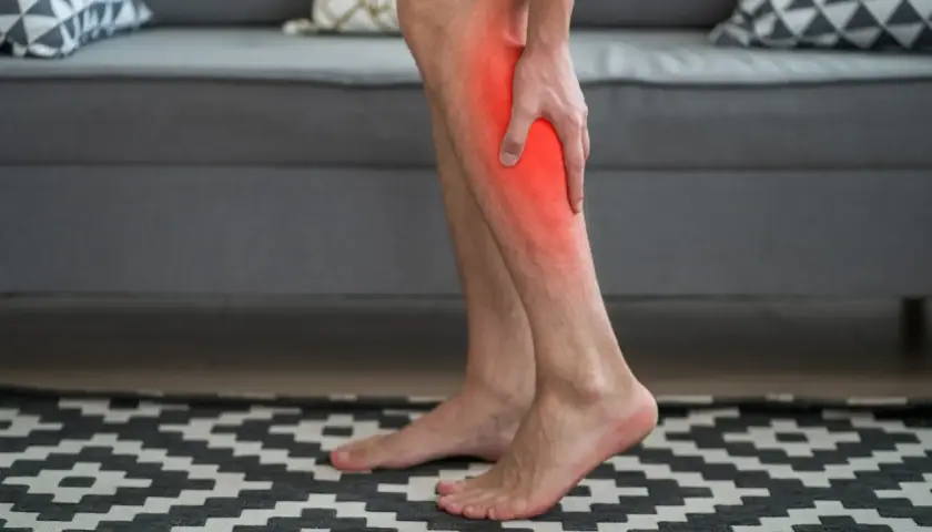Hombre sujetando su gemelo con dolor, zona enrojecida. ¿Por qué se sube el gemelo?