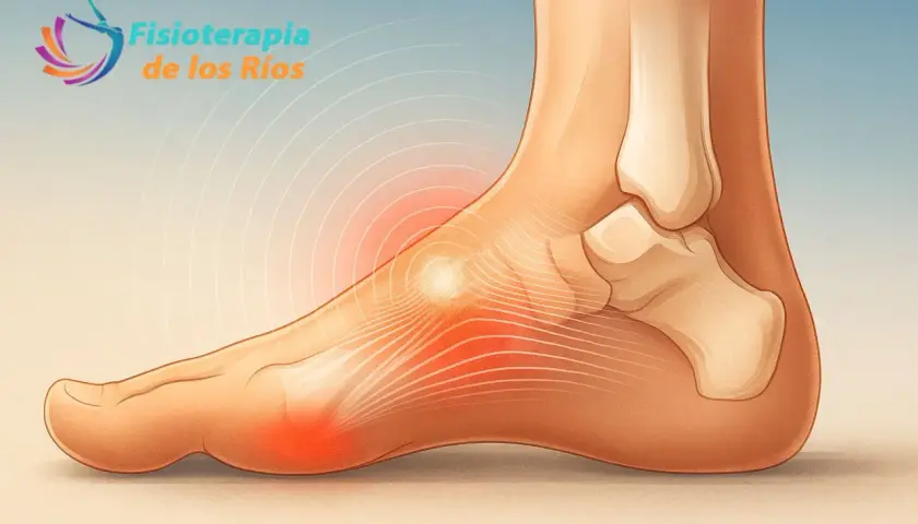 Ilustración de un pie con dolor en la fascia plantar, indicado por zonas rojas y círculos concéntricos.