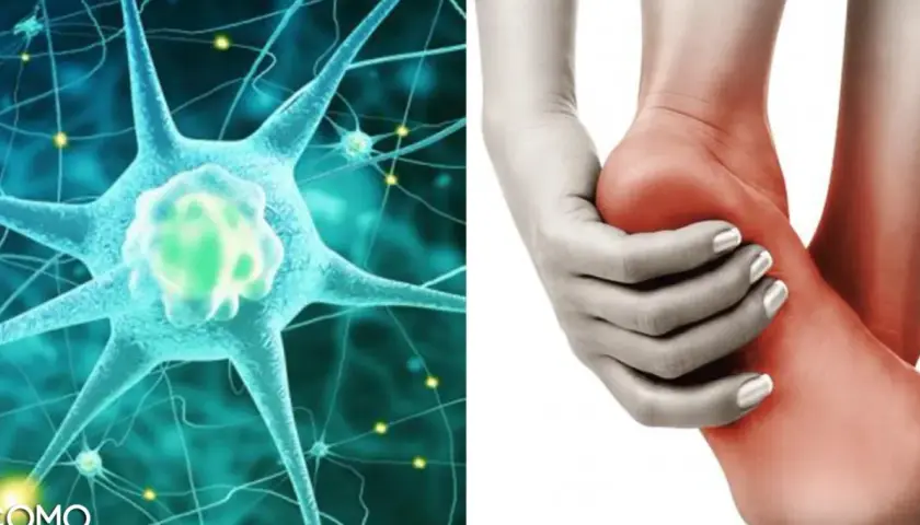 Ilustración de neuronas y un pie con dolor, representando la neuropatía periférica.