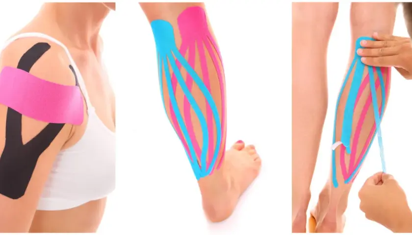 Aplicación de vendas kinesiologicas en hombro y pierna para soporte y recuperación muscular.