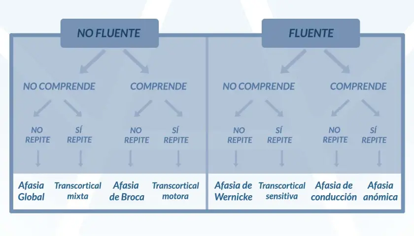 Diagrama que explica qué es la afasia, clasificándola según fluidez, comprensión y repetición, detallando tipos como Broca, Wernicke y global.