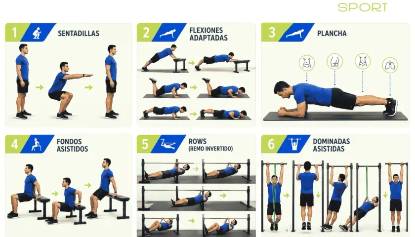 Rutina de calistenia que es: sentadillas, flexiones adaptadas, plancha, fondos asistidos, remo invertido y dominadas asistidas.