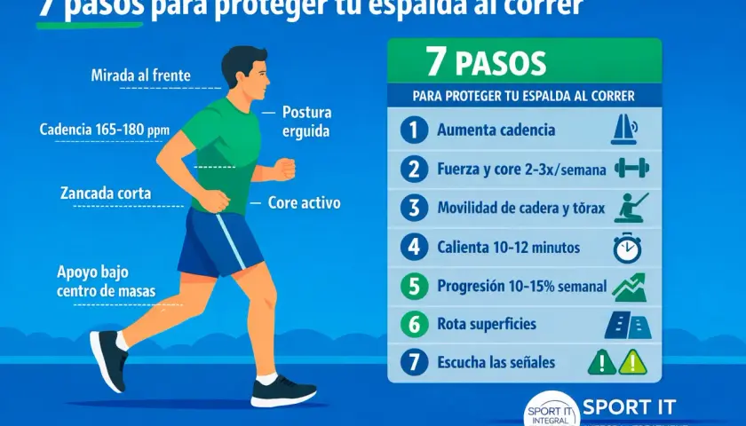 Hombre corriendo con buena postura y consejos para proteger la espalda. ¡Correr es bueno para la espalda si sigues estos 7 pasos!