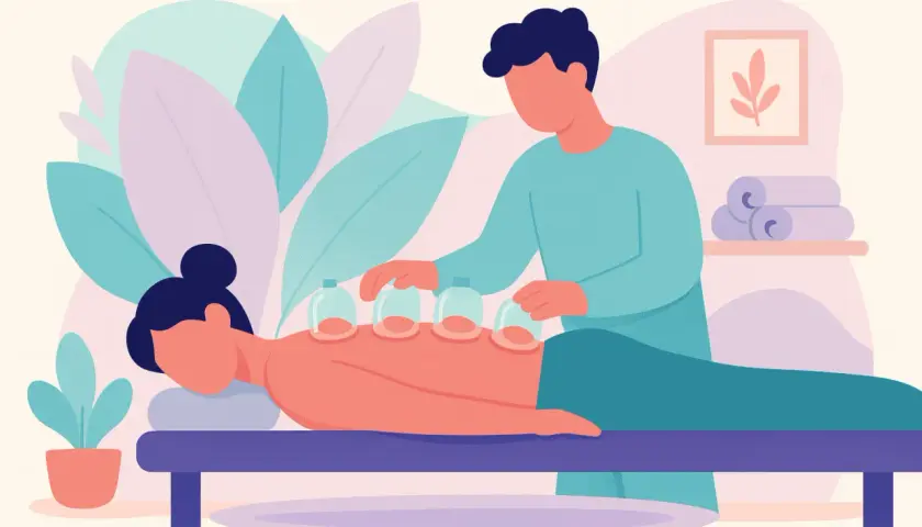 Terapeuta aplica ventosas en la espalda de una persona. Un masaje con ventosas para aliviar la tensión.