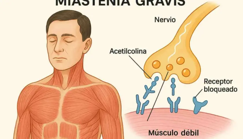 Ilustración de miastenia gravis: un hombre con músculos marcados y una sinapsis nerviosa donde la acetilcolina no puede unirse a receptores bloqueados, causando músculo débil.
