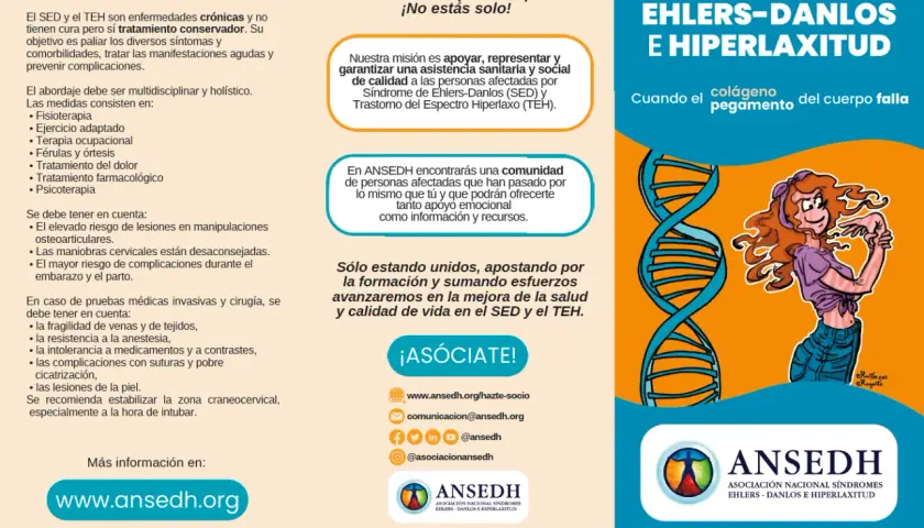 Folleto informativo sobre el Síndrome de Ehlers-Danlos (SED) y el Trastorno del Espectro Hiperlaxo (TEH). Incluye tratamientos, pronósticos y recursos de apoyo.