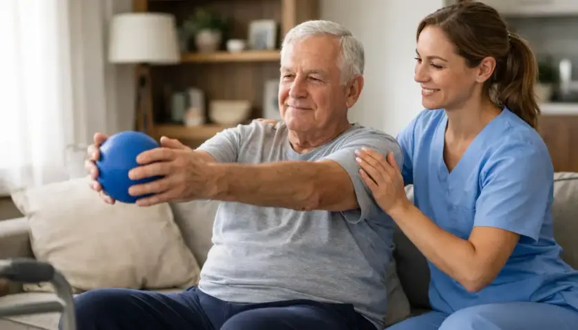 Terapeuta ayuda a un hombre mayor con fisioterapia domiciliaria, usando una pelota azul para ejercicios de brazos.