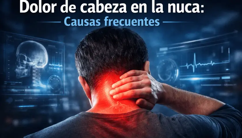 Hombre con mano en la nuca, sintiendo dolor. Pantallas médicas muestran un cráneo y un electrocardiograma.