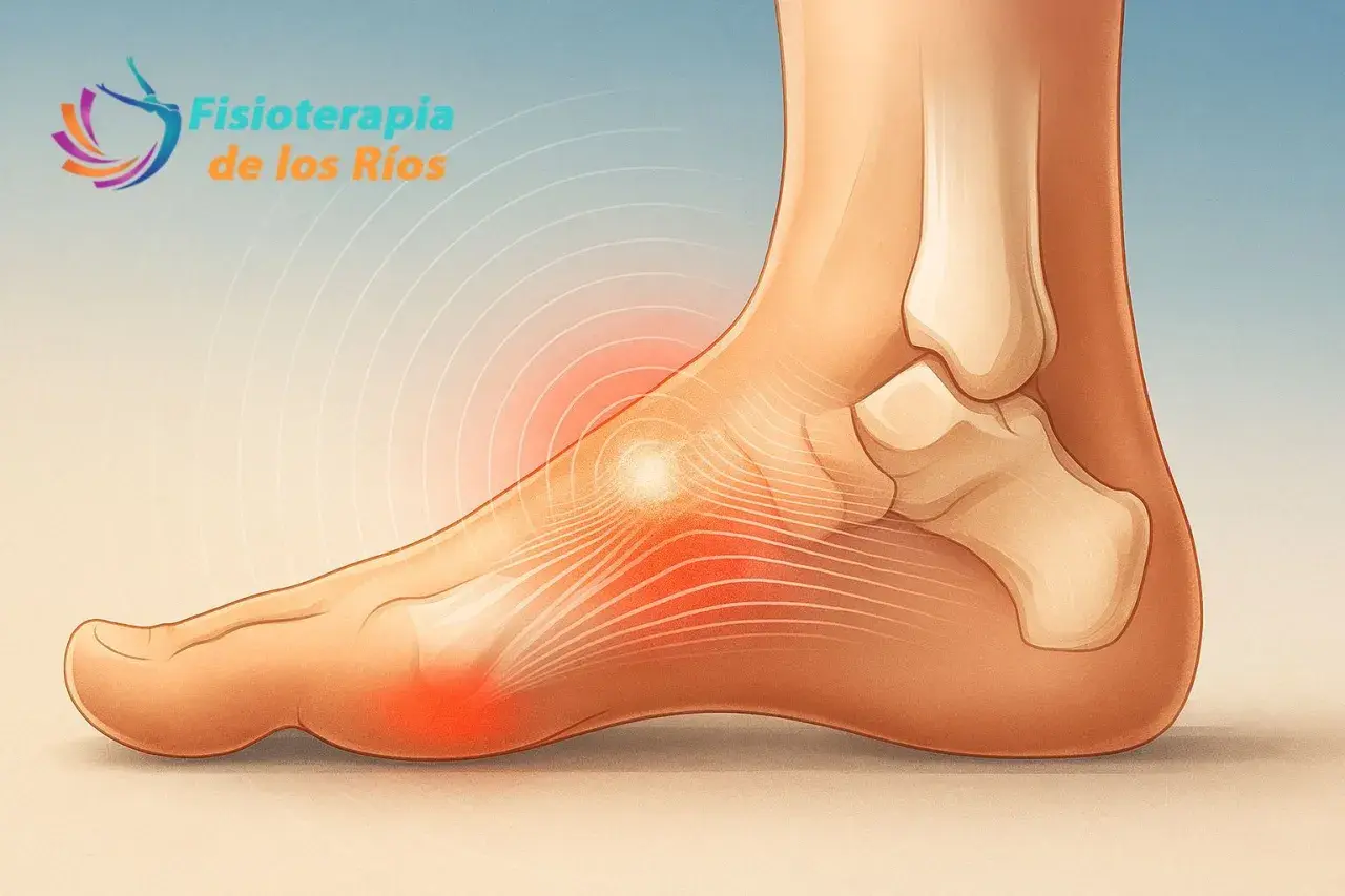 Ilustración de un pie con dolor en la fascia plantar, indicado por zonas rojas y círculos concéntricos.