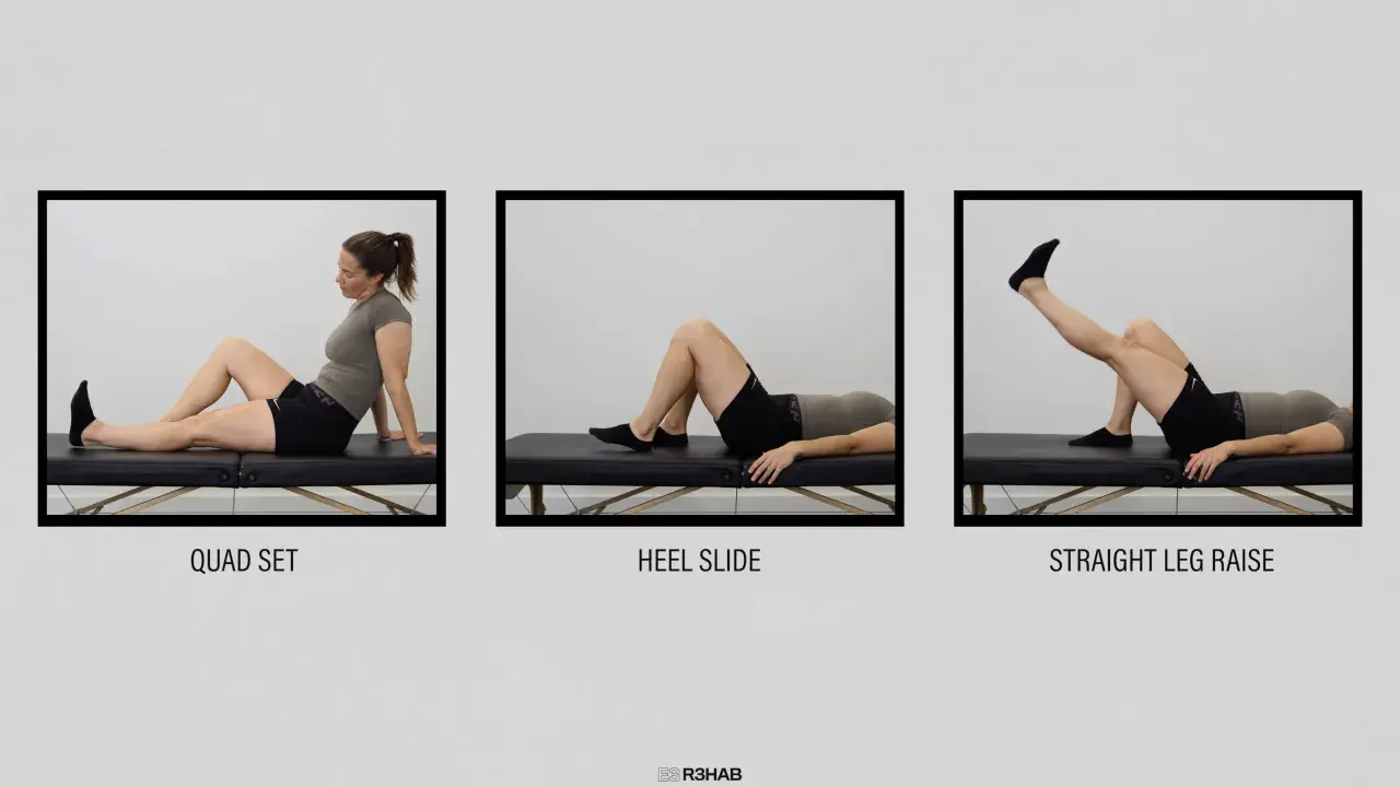Secuencia de ejercicios para fortalecer el cuádriceps y la rodilla, útil tras una lesión del ligamento cruzado anterior.