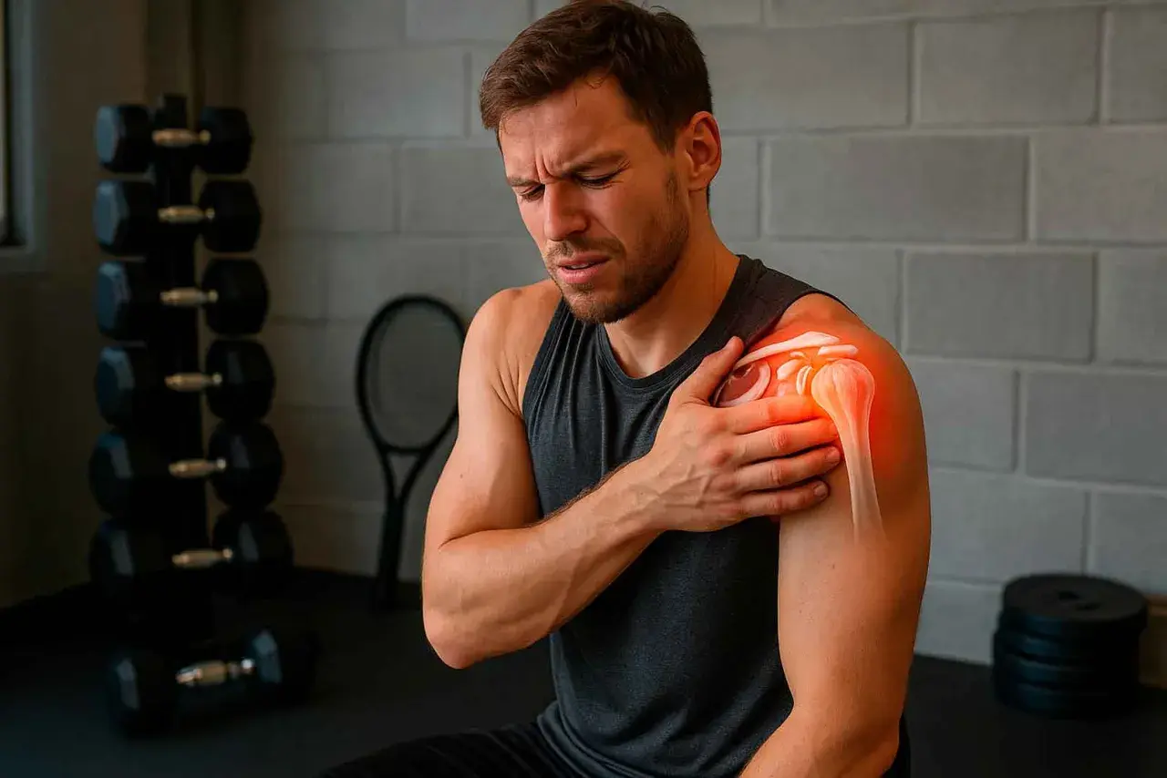 Hombre con dolor deltoides, sujetando su hombro con expresión de sufrimiento. En el gimnasio, con pesas y raqueta de fondo.