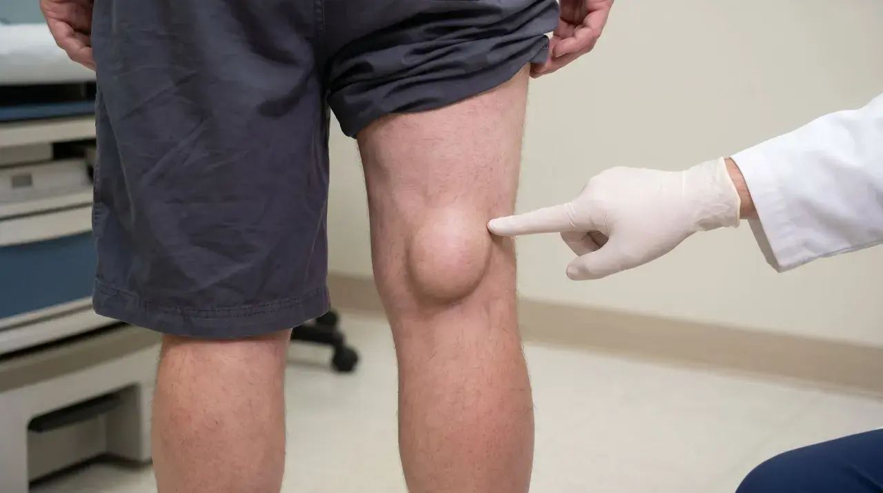 Un médico señala un quiste de Baker en la parte posterior de la rodilla de un paciente.